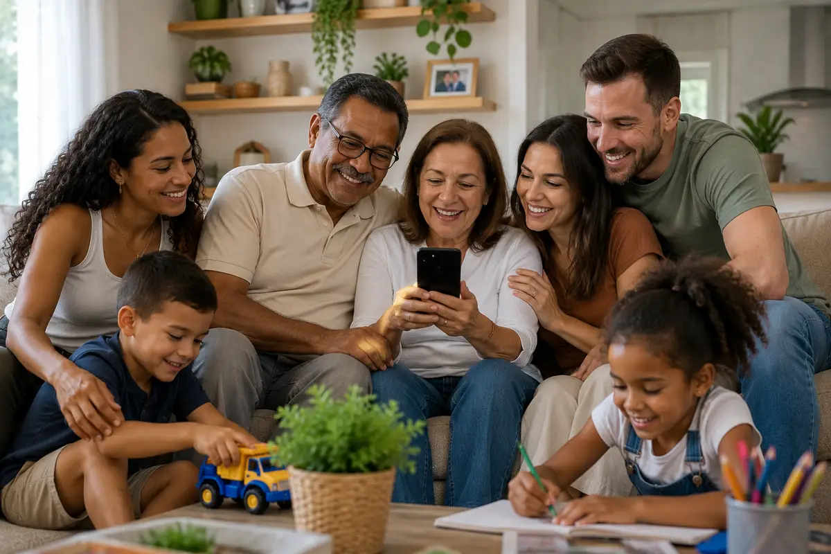 Família reunida avaliando informações financeiras com tranquilidade